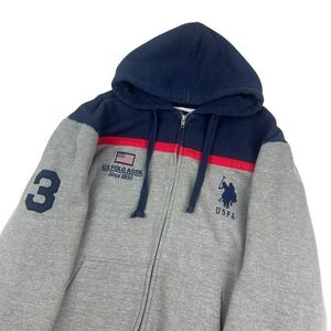US Polo Assn Zip Up Hoodie Sweatshirt Men's XXL Gray Navy Red Number 3 Logo